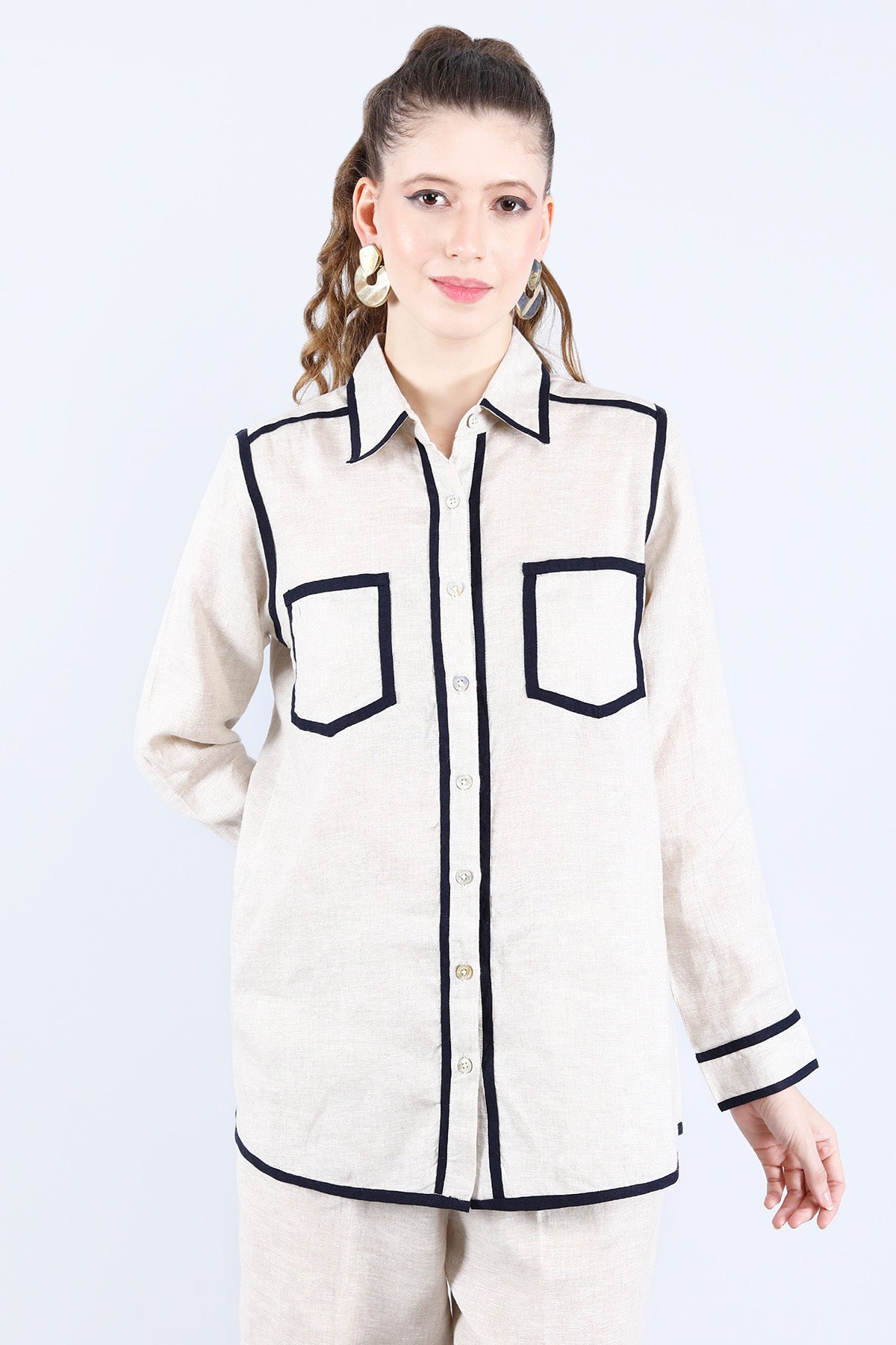 Buy Linen Bloom Beige Linen Double Pocket Shirt for women online available at ScrollnShops